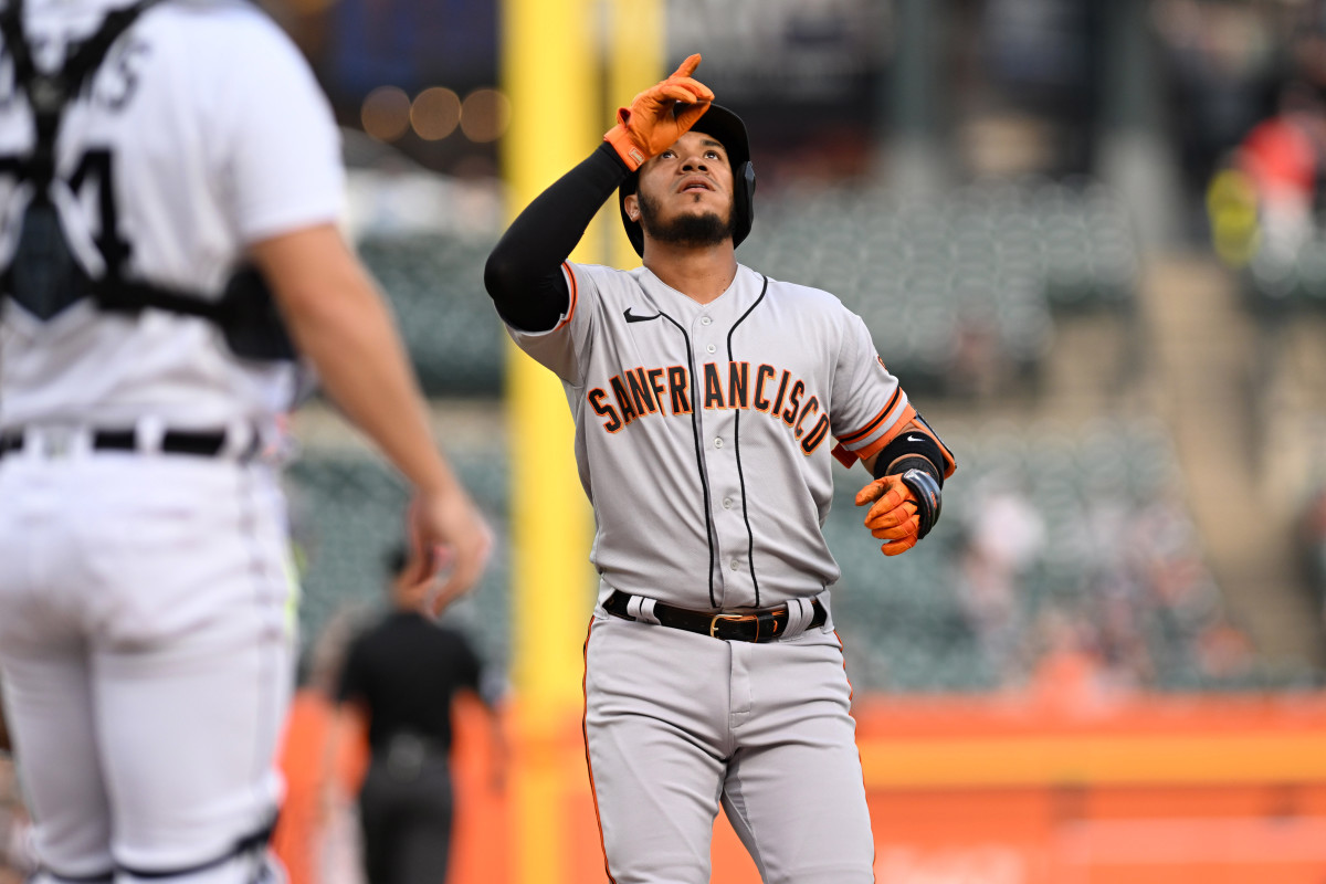 SF Giants left fielder Thairo Estrada celebrates after hitting a lead off home run against the Detroit Tigers. (2023)