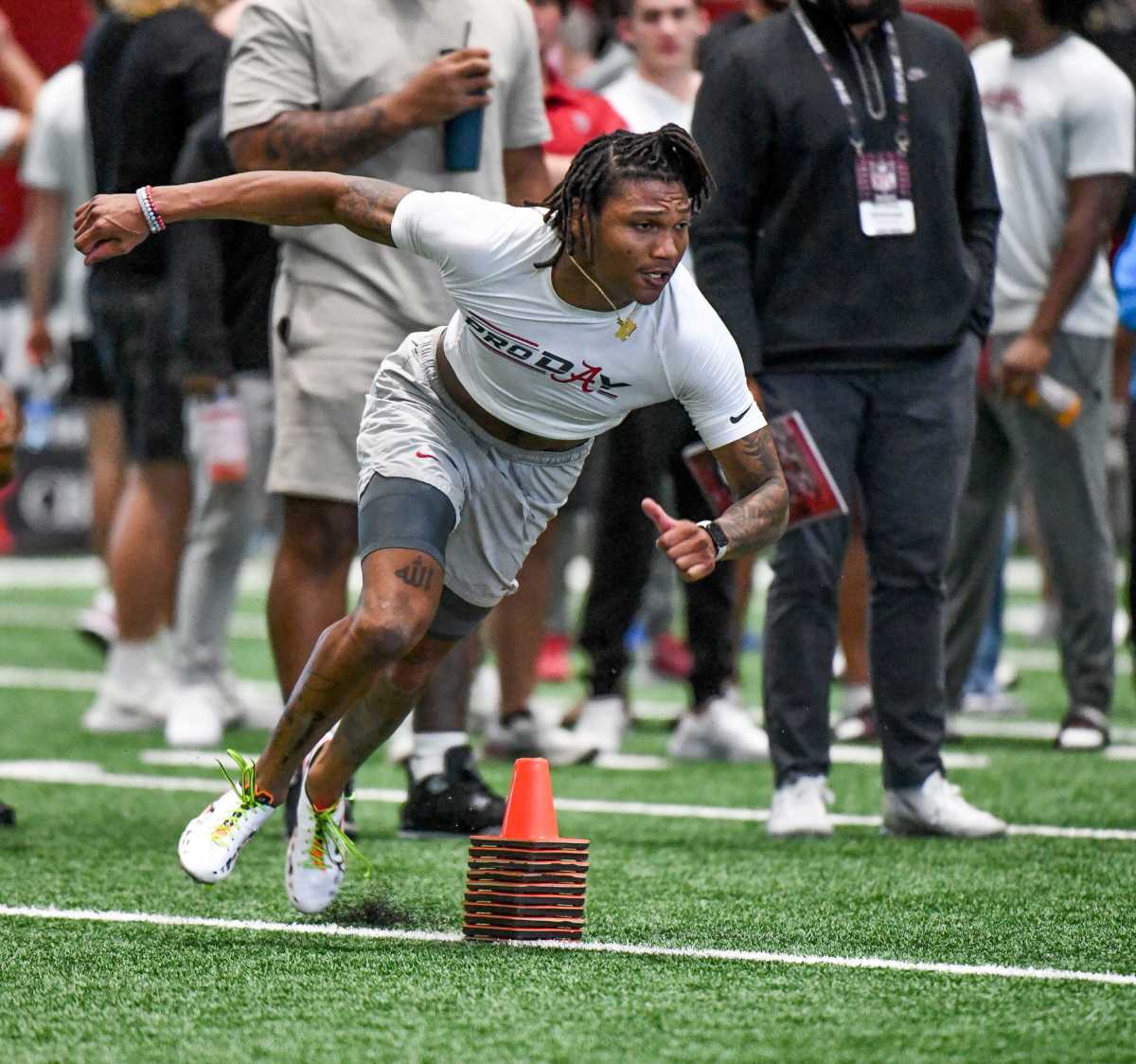 Defensive back Eli Ricks participates in a drill during Pro Day at Hank Crisp Indoor Practice Facility on the campus of the University of Alabama.