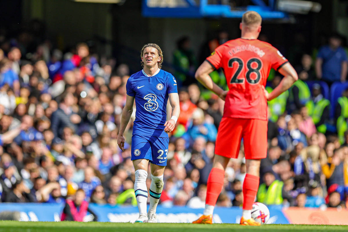 Chelsea midfielder Conor Gallagher pictured (left) moments after scoring the first home goal of his Chelsea career during a Premier League game against Brighton in April 2023