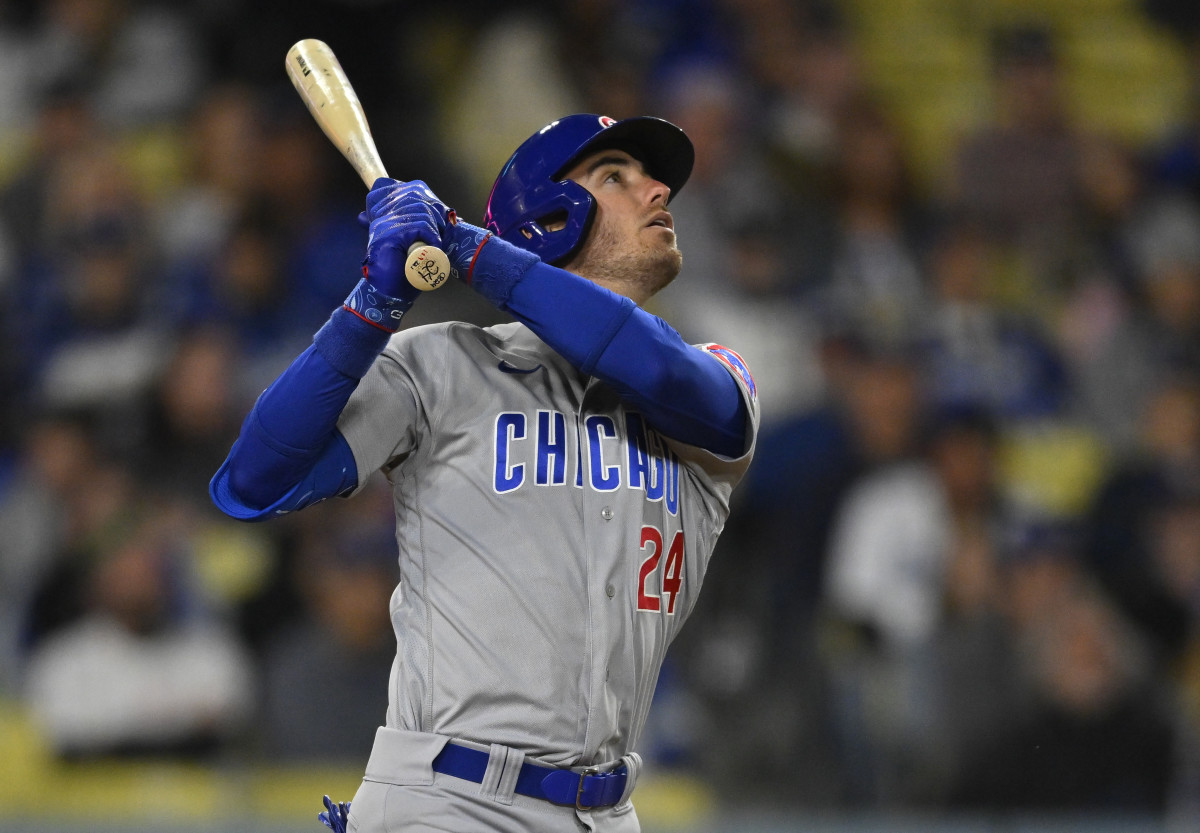 Chicago Cubs center fielder Cody Bellinger (24) flies out in the fifth inning against the Los Angeles Dodgers at Dodger Stadium.