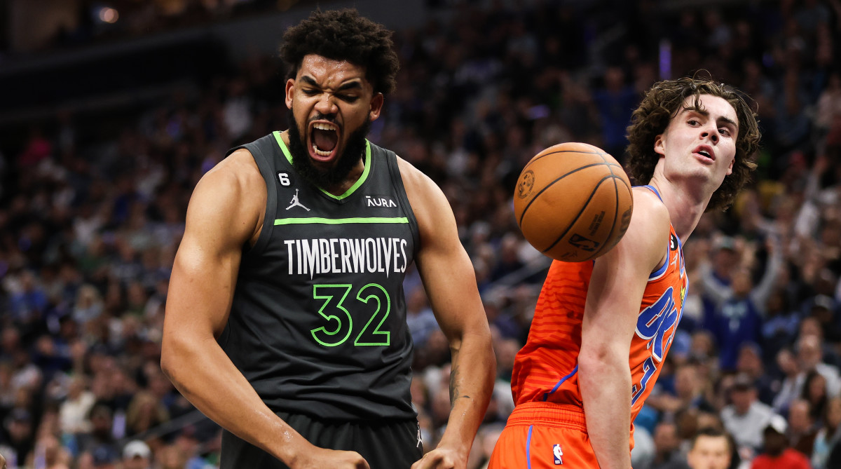 Timberwolves center Karl-Anthony Towns reacts against the Thunder.
