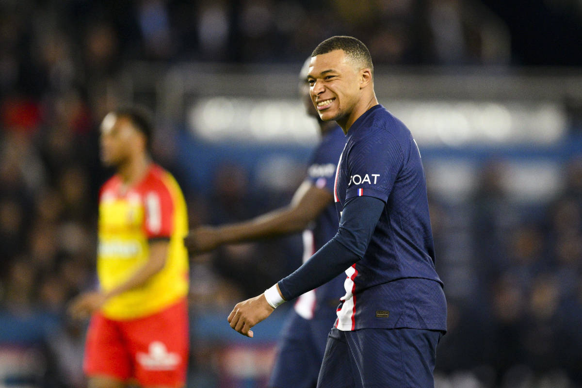 Kylian Mbappe pictured after scoring the 139th Ligue 1 goal of his PSG career during a home win over Lens in April 2023