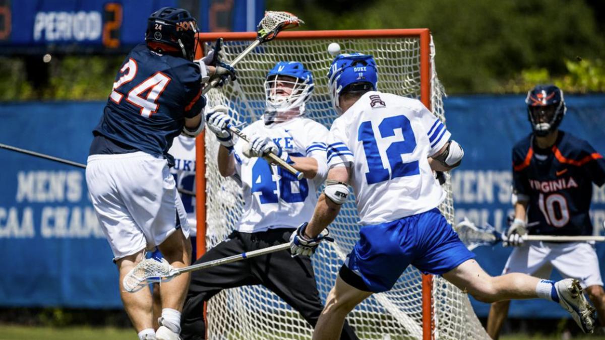 Payton Cormier attempts a shot during the Virginia men's lacrosse game against Duke at Koskinen Stadium in Durham, North Carolina.