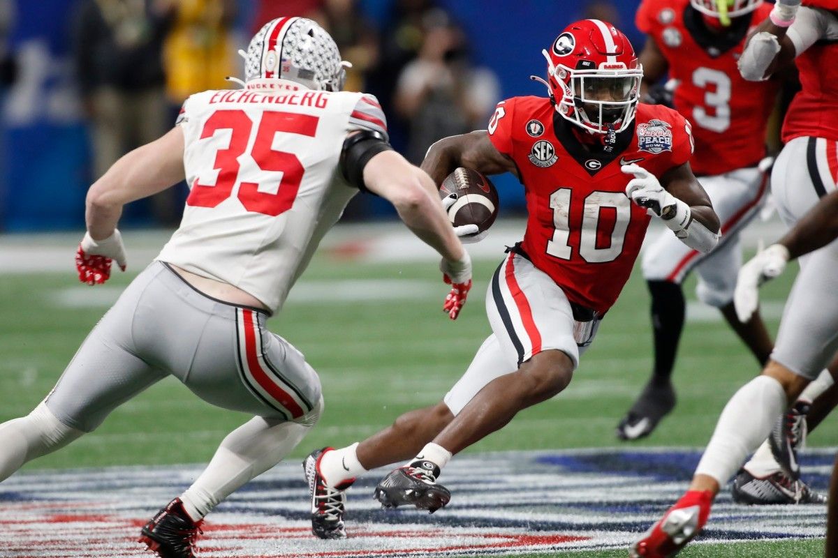 Georgia wide receiver Kearis Jackson (10) moves the ball during the second half of the Chick-fil-A Peach Bowl NCAA College Football Playoff semifinal game between Ohio State and Georgia on Saturday, Dec 31, 2022, in Atlanta. Georgia won 42-41. News Joshua L Jones