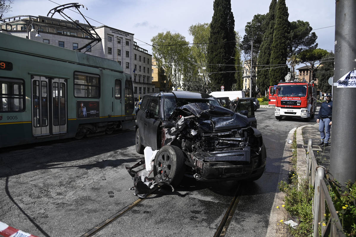 A photo showing a wrecked Land Rover SUV belonging to Lazio player Ciro Immobile after a collision involving a tram in Rome in April 2023