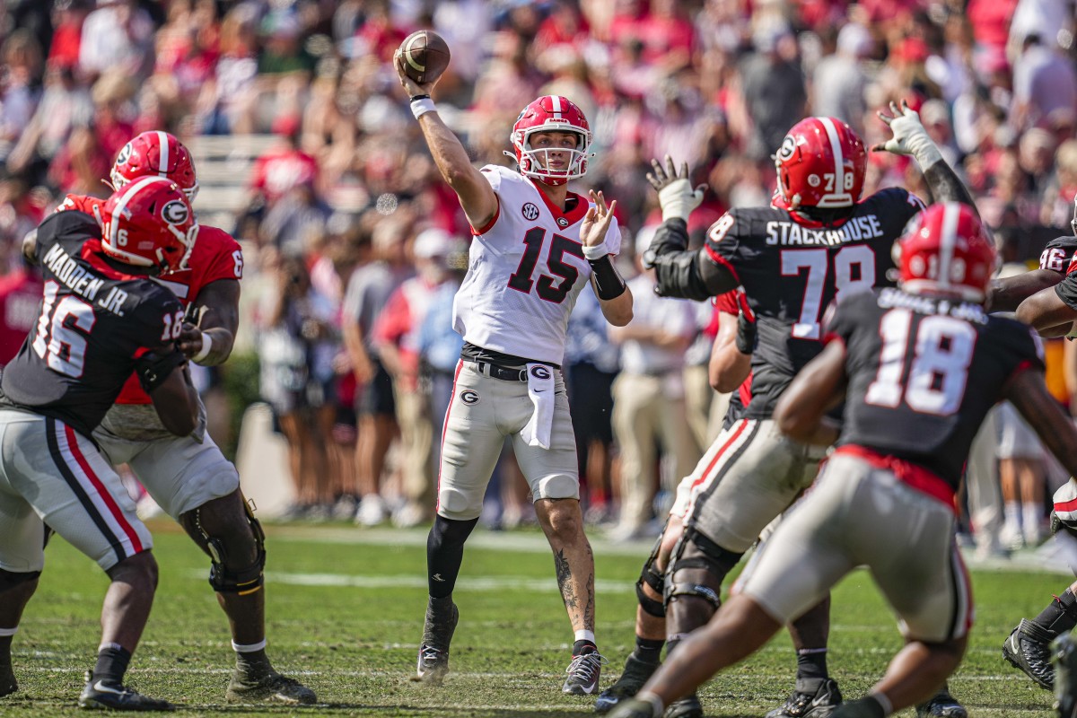 Carson Beck throws a completion during G-Day / Credit: Tony Walsh/UGAA