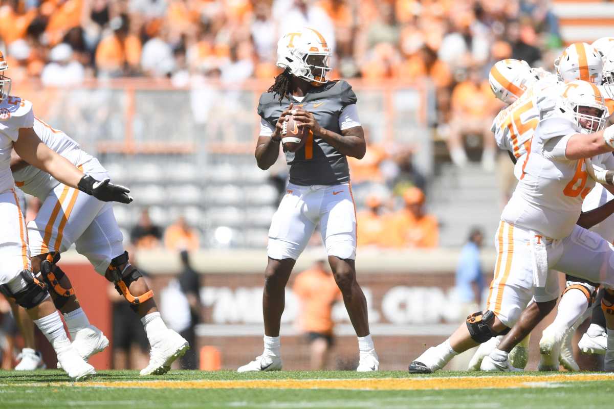 Tennessee QB Joe Milton III dropping back to pass during the spring game in Knoxville, Tennessee, on April 15, 2023. (Photo by Caitie McMekin of the News Sentinel)
