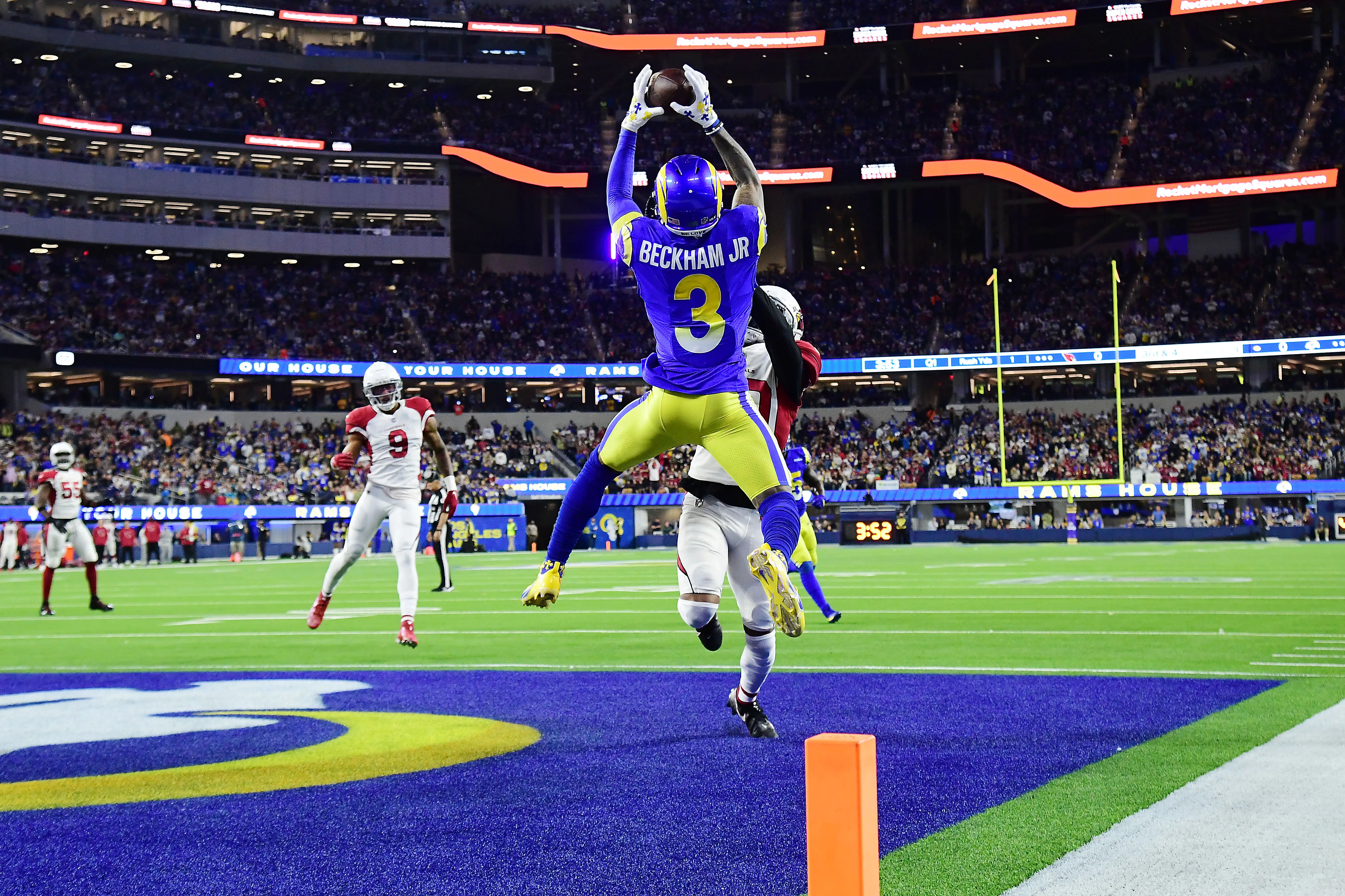 Odell Beckham Jr. catching a touchdown against the Arizona Cardinals in the playoffs. 