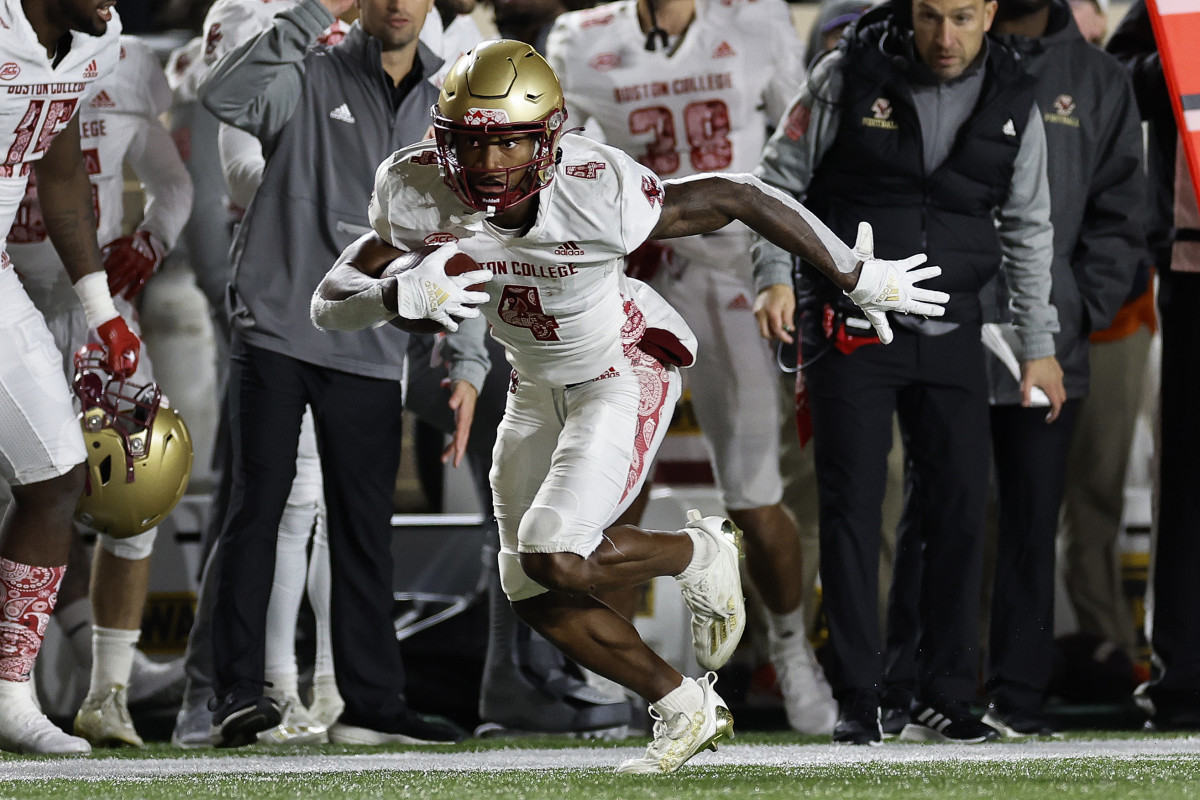 Oct 8, 2022; Chestnut Hill, Massachusetts, USA; Boston College Eagles wide receiver Zay Flowers (4) runs against the Clemson Tigers during the second half at Alumni Stadium.