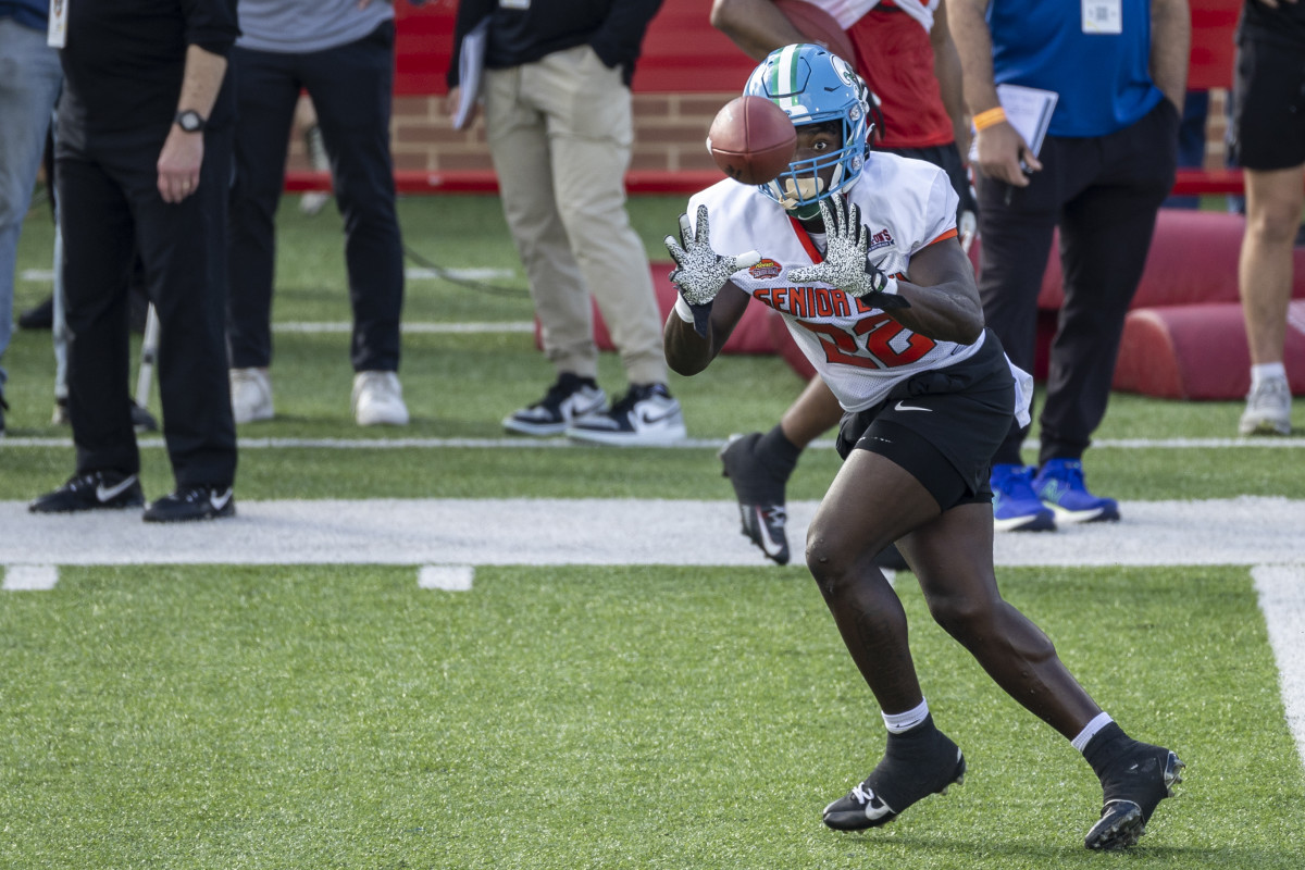 Jan 31, 2023; Mobile, AL, USA; American running back Tyjae Spears of Tulane (22) practices during the first day of Senior Bowl week at Hancock Whitney Stadium in Mobile.