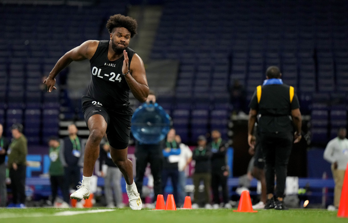 Mar 5, 2023; Indianapolis, IN, USA; Ohio State offensive lineman Paris Johnson, Jr. (OL24) during the NFL Scouting Combine at Lucas Oil Stadium.