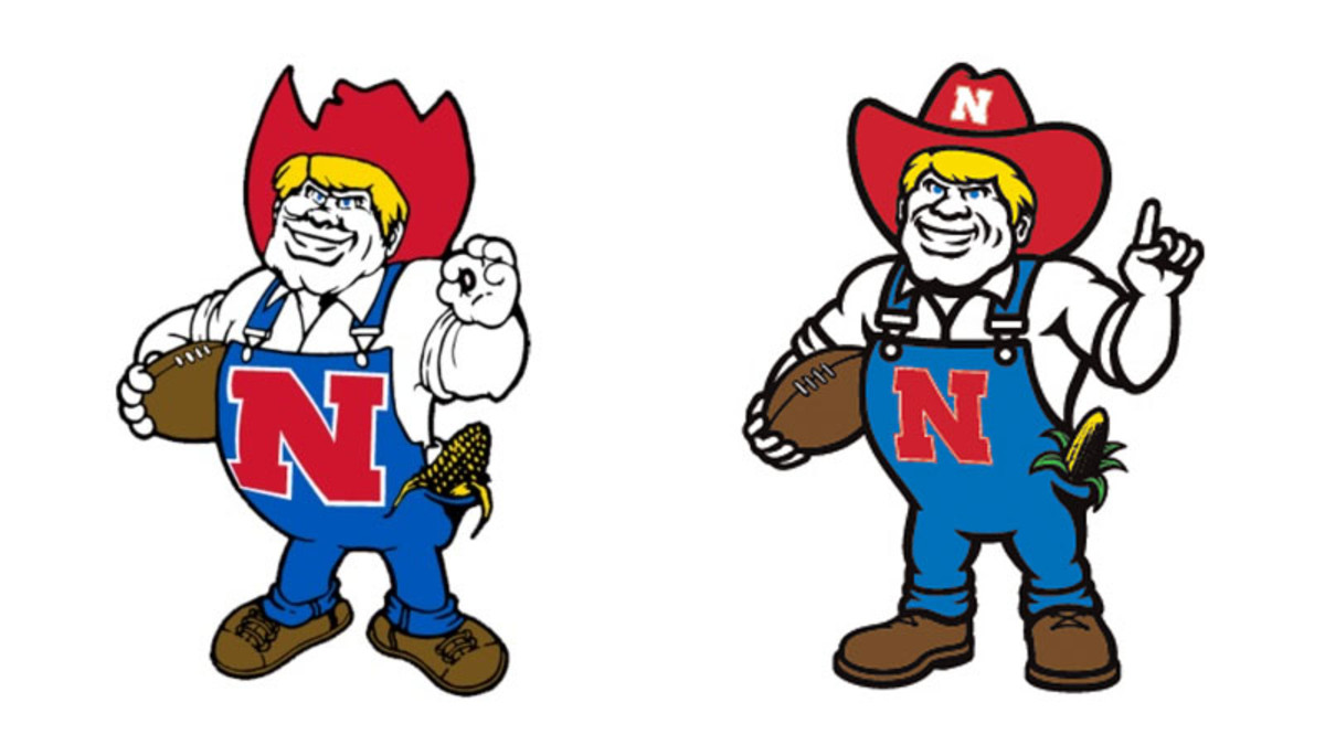 Original Herbie Husker is on the left with updated Herbie Husker's football-specific logo on the right.