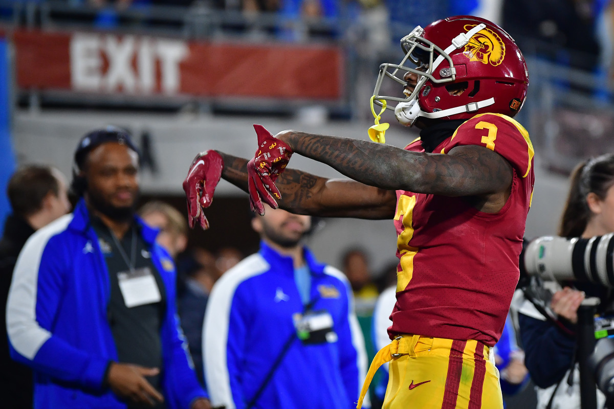 Nov 19, 2022; Pasadena, California, USA; Southern California Trojans wide receiver Jordan Addison (3) celebrates his touchdown scored againt the UCLA Bruins during the second half at the Rose Bowl.
