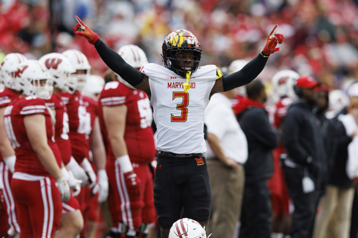 Nov 5, 2022; Madison, Wisconsin, USA; Maryland Terrapins defensive back Deonte Banks (3) reacts following a play during the third quarter against the Wisconsin Badgers at Camp Randall Stadium.