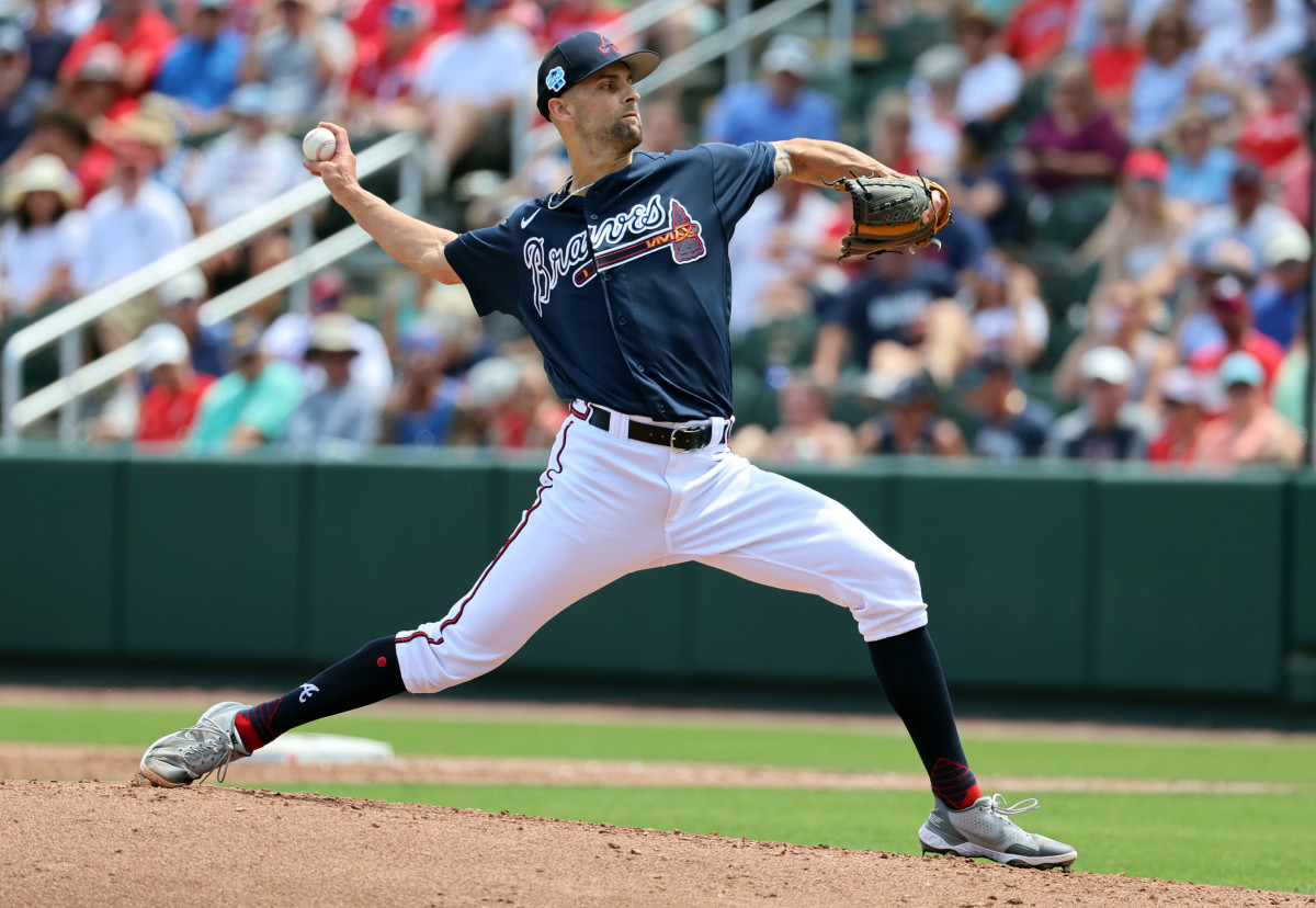 Mar 27, 2023; North Port, Florida, USA; Atlanta Braves relief pitcher Nick Anderson (61) throws a pitch during the fourth inning against the Boston Red Sox at CoolToday Park. Mandatory Credit: Kim Klement-USA TODAY Sports