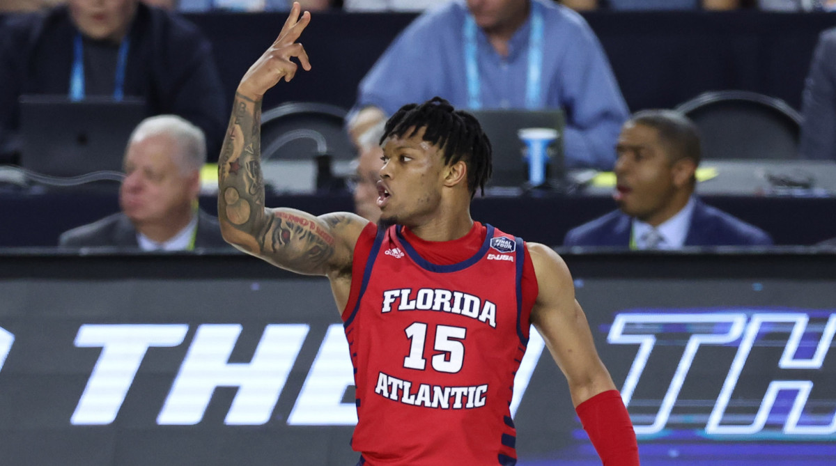 FAU guard Alijah Martin celebrates after scoring during the Final Four