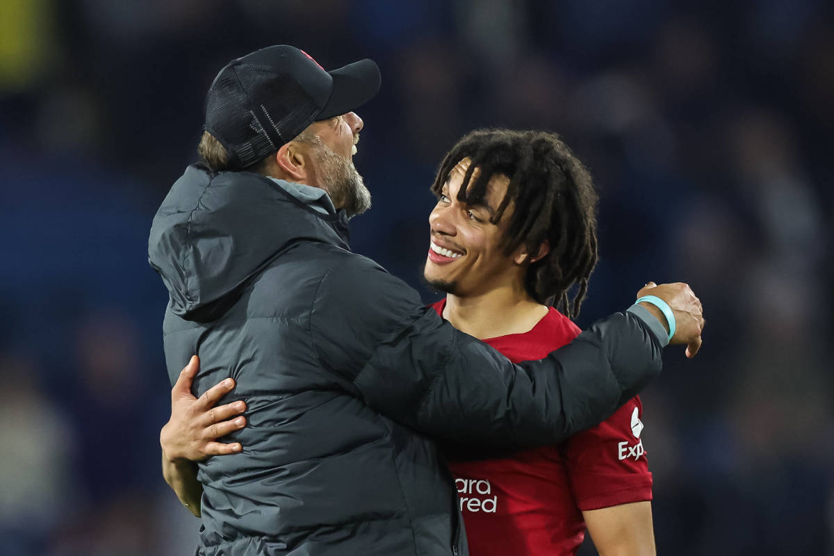 Liverpool manager Jurgen Klopp pictured (left) hugging Trent Alexander-Arnold after the player's excellent performance in a 6-1 win over Leeds in April 2023