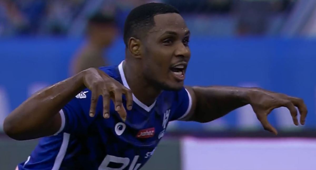 Odion Ighalo pictured celebrating after scoring for Al-Hilal against Al Nassr in a Saudi Pro League game in April 2023