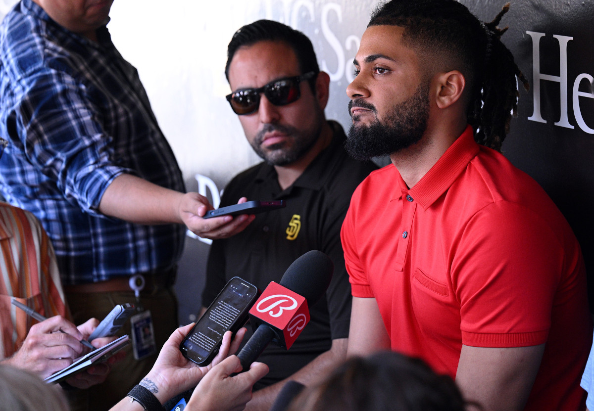 Fernando Tatis addresses reporters after receiving an 80-game PED ban from Major League Baseball.