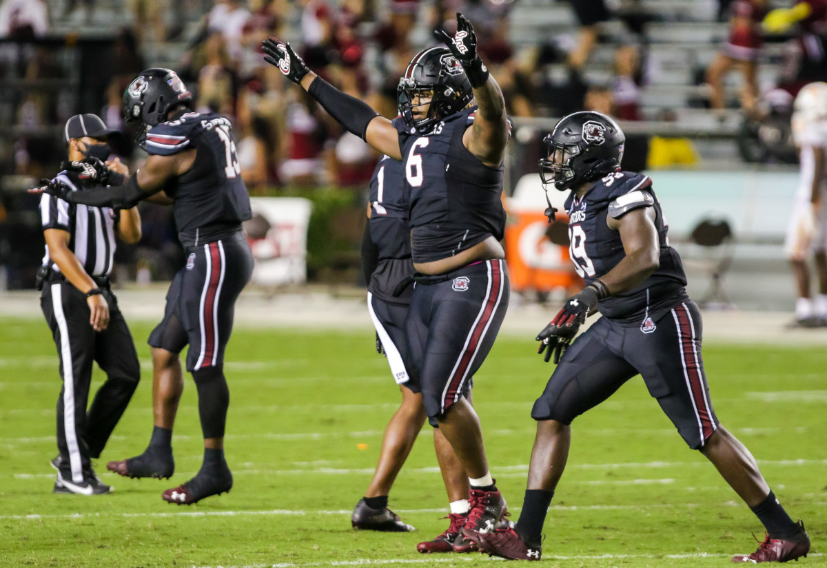 South Carolina Gamecocks defensive lineman Zacch Pickens (6) celebrates after a missed field goal attempt by the Tennessee Volunteers at Williams-Brice Stadium.