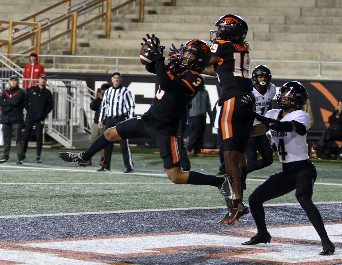 Oregon State defensive back Jaydon Grant (3) intercepts the ball in the end zone against Colorado at Reser Stadium in Corvallis, Ore. on Saturday, Oct. 22, 2022. Ncaa Football Colorado At Oregon State 1564