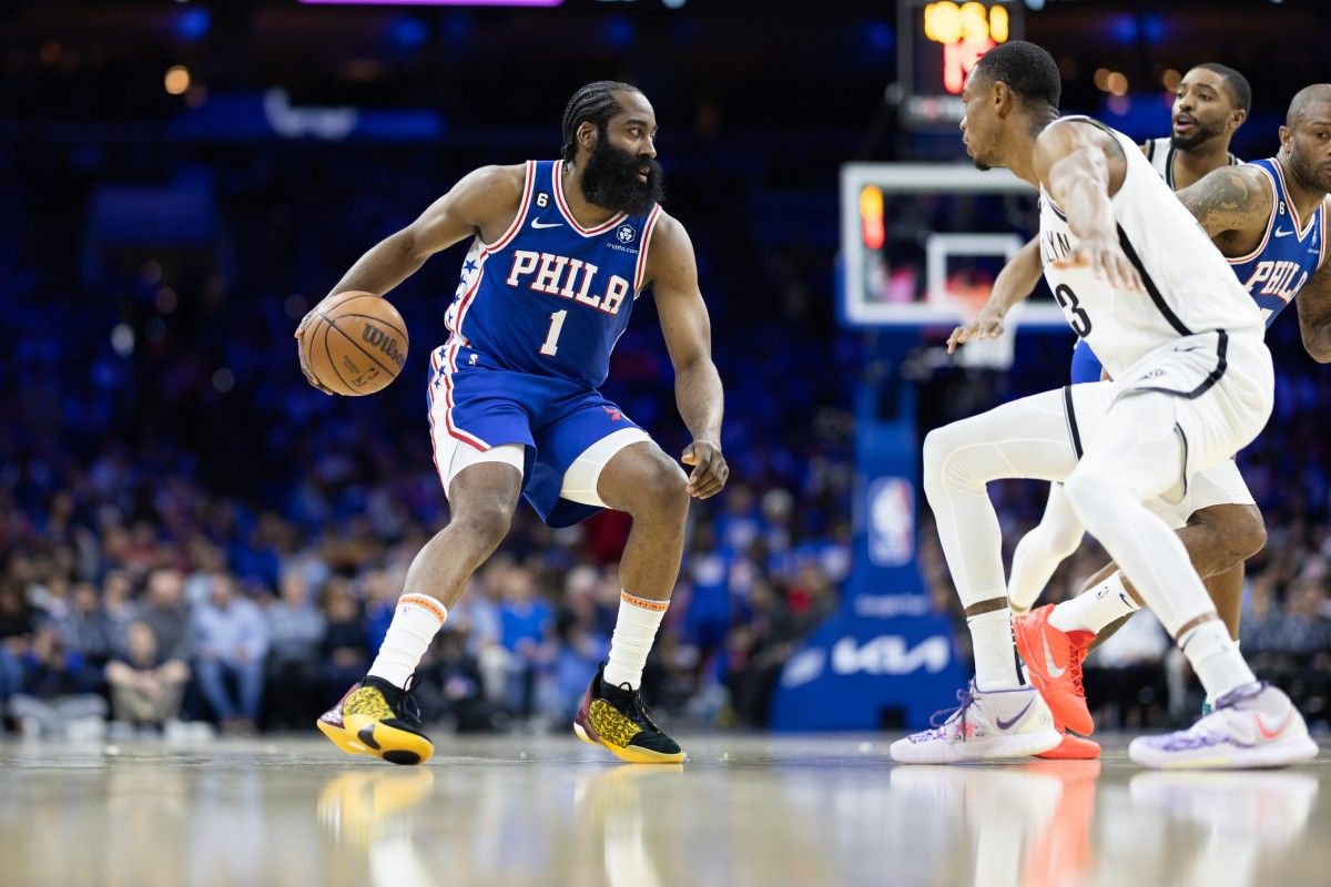76ers guard James Harden setting up the offense.