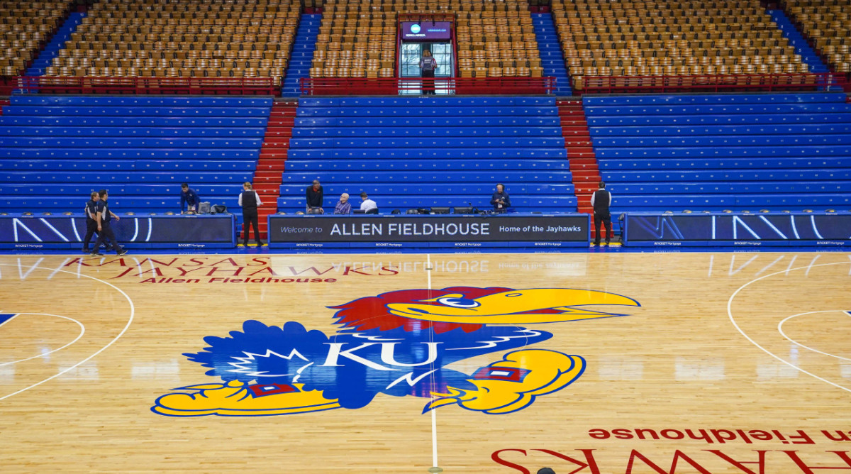 The Kansas Jayhawks basketball court is shown at Allen Fieldhouse.