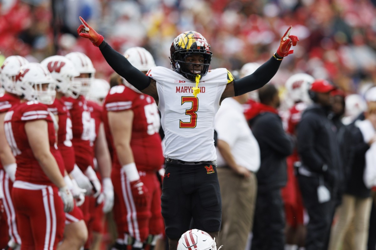 Nov 5, 2022; Madison, Wisconsin, USA; Maryland Terrapins defensive back Deonte Banks (3) reacts following a play during the third quarter against the Wisconsin Badgers at Camp Randall Stadium. Mandatory Credit: Jeff Hanisch-USA TODAY Sports