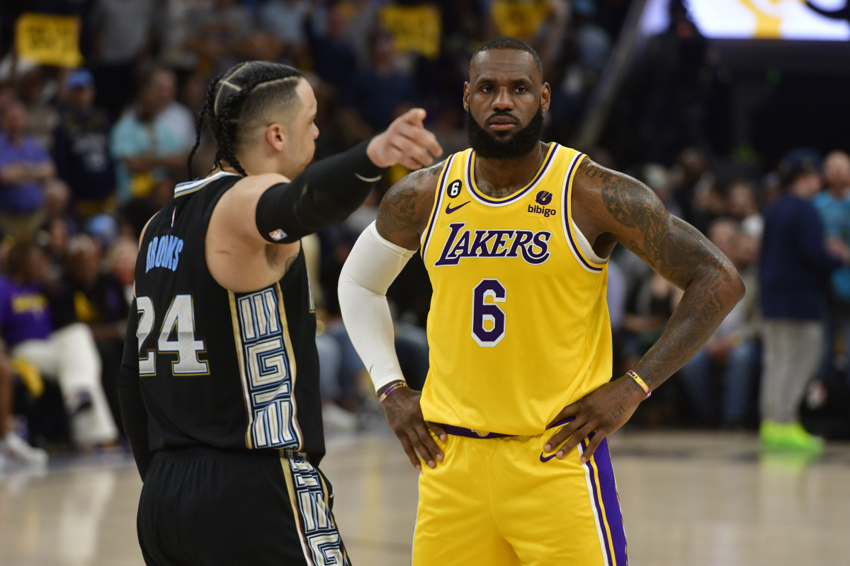 Grizzlies forward Dillon Brooks trash talks LeBron James during the second half of Game 2 of their first-round playoff series.