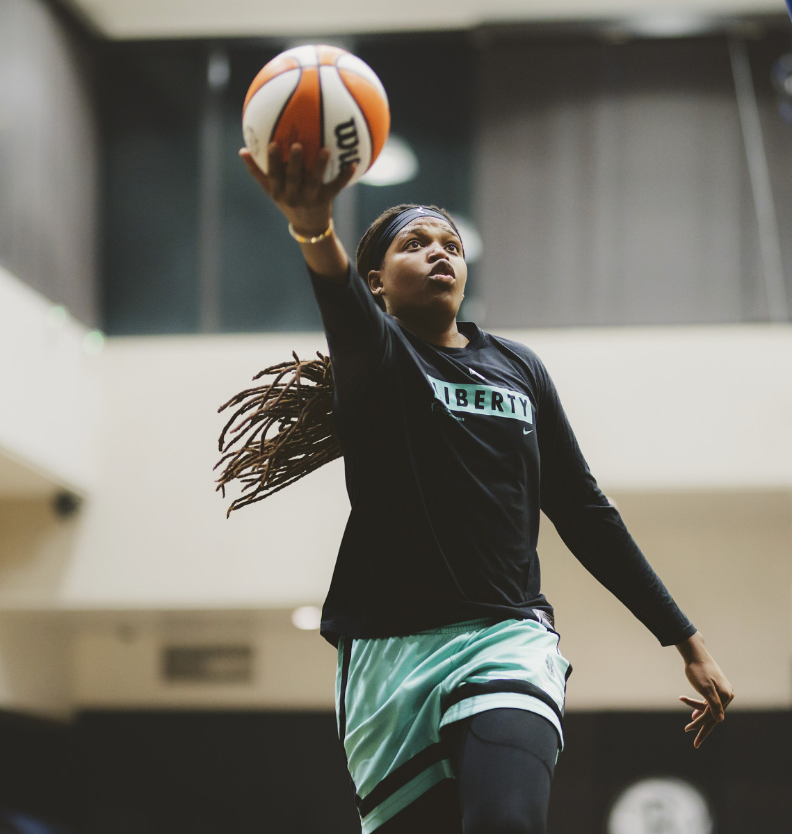 Jonquel Jones goes for a layup at a New York Liberty workout.
