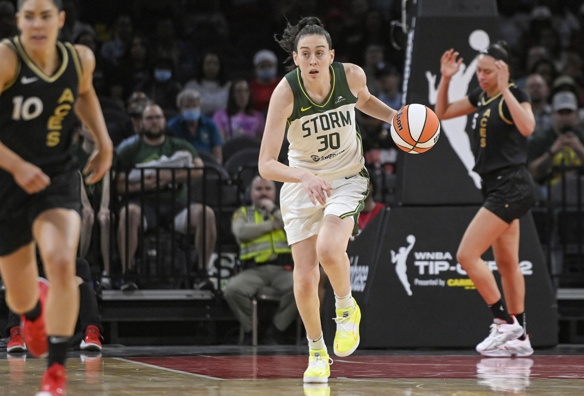 Breanna Stewart of the Seattle Storm handles the ball during the game against the Las Vegas Aces on May 8, 2022 at the Michelob Ultra Arena in Las Vegas.