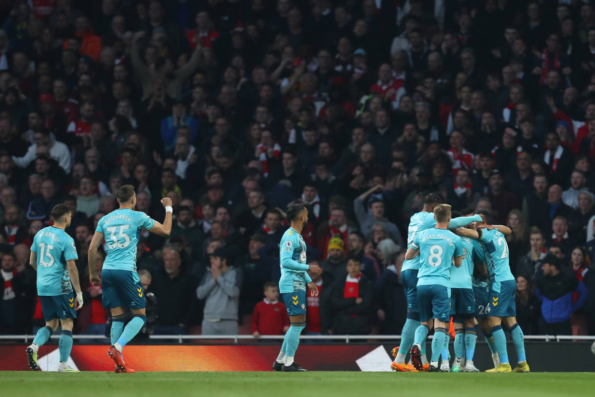 Players from Southampton pictured celebrating after taking an early lead against Arsenal at the Emirates Stadium in April 2023