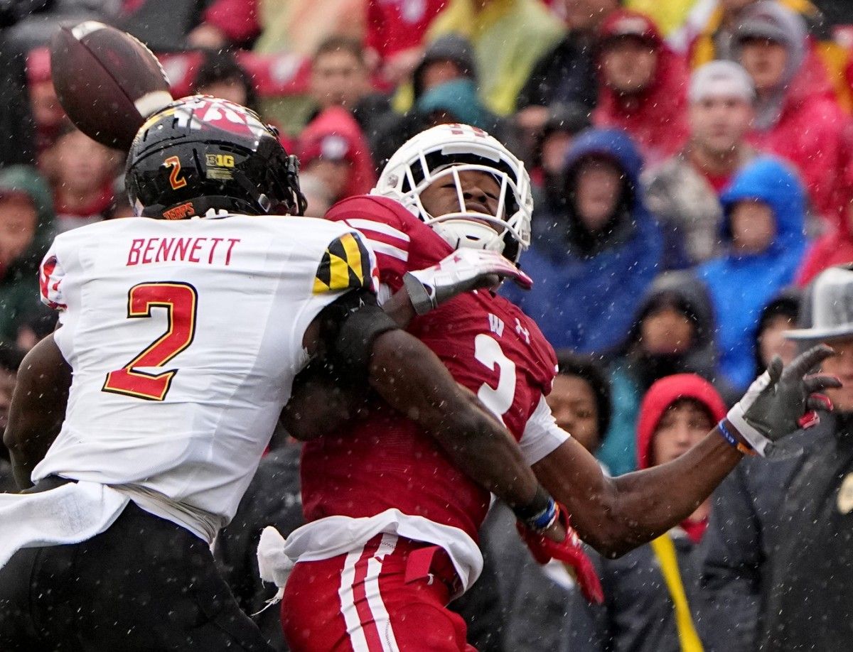 Maryland defensive back Jakorian Bennett (2) is penalized for pass interference while covering Wisconsin wide receiver Keontez Lewis (3) during the second quarter of their game Saturday, Nov. 5, 2022, at Camp Randall Stadium in Madison. Mjs Uwgrid05 5 Jpg Uwgrid05