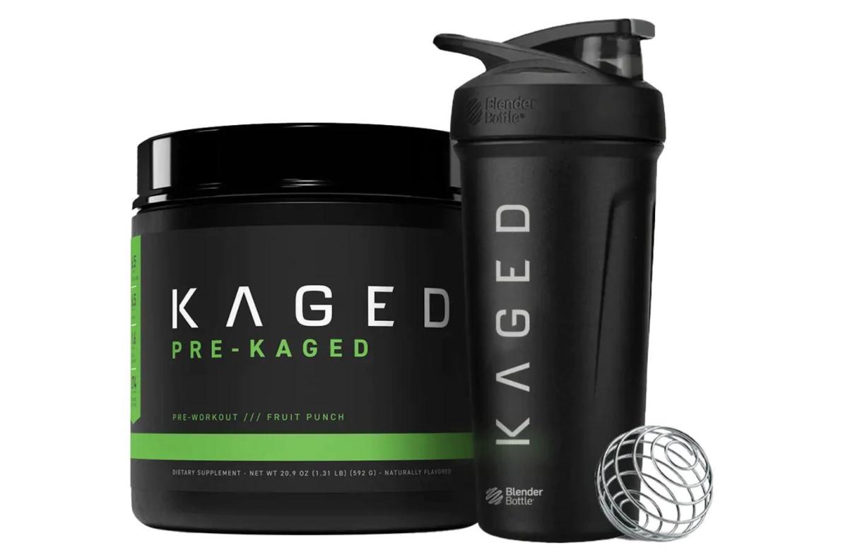 A container of Kaged pre-workout next to a shaker bottle