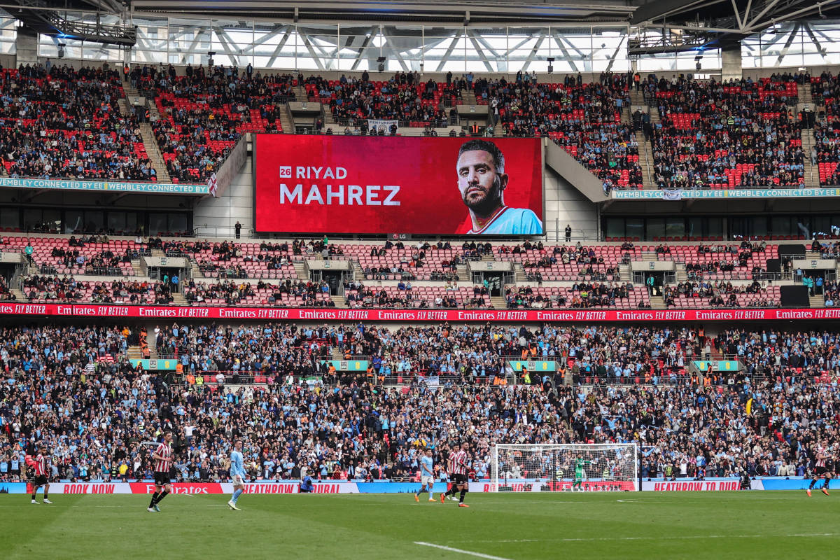 Hat-trick hero Riyad Mahrez pictured on the big screen at Wembley Stadium after being voted as the man of the match during Manchester City's 3-0 win over Sheffield United in an FA Cup semi-final in April 2023