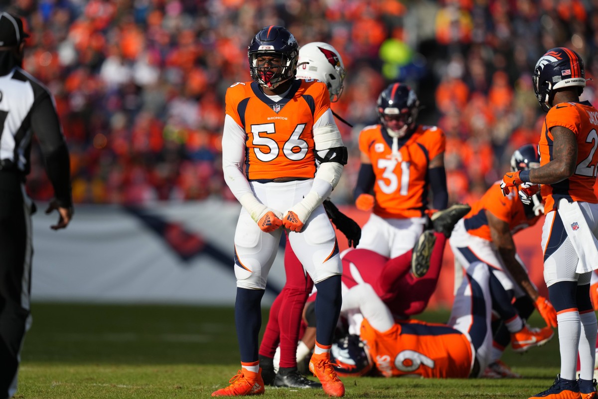 Denver Broncos linebacker Baron Browning (56) reacts to a play in the first quarter against the Arizona Cardinals at Empower Field at Mile High.