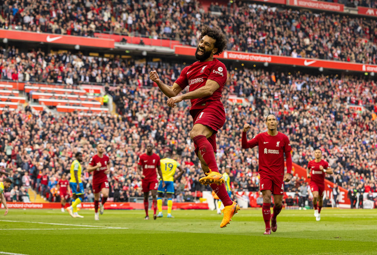 Mo Salah pictured celebrating after scoring for Liverpool against Nottingham Forest at Anfield in April 2023