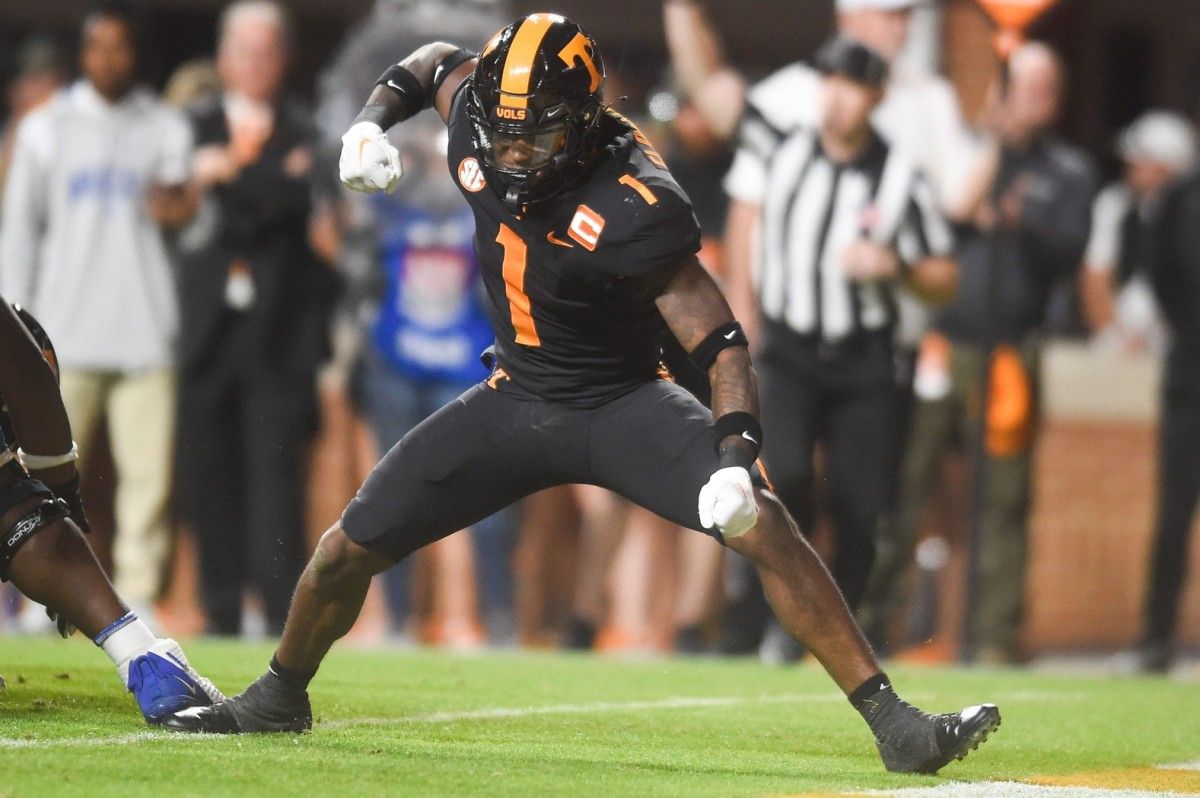 Tennessee defensive back Trevon Flowers (1) celebrates the stop near the end zone during the NCAA football match between Tennessee and Kentucky in Knoxville, Tenn. on Saturday, Oct. 29, 2022. Tennesseevskentucky1029 3109