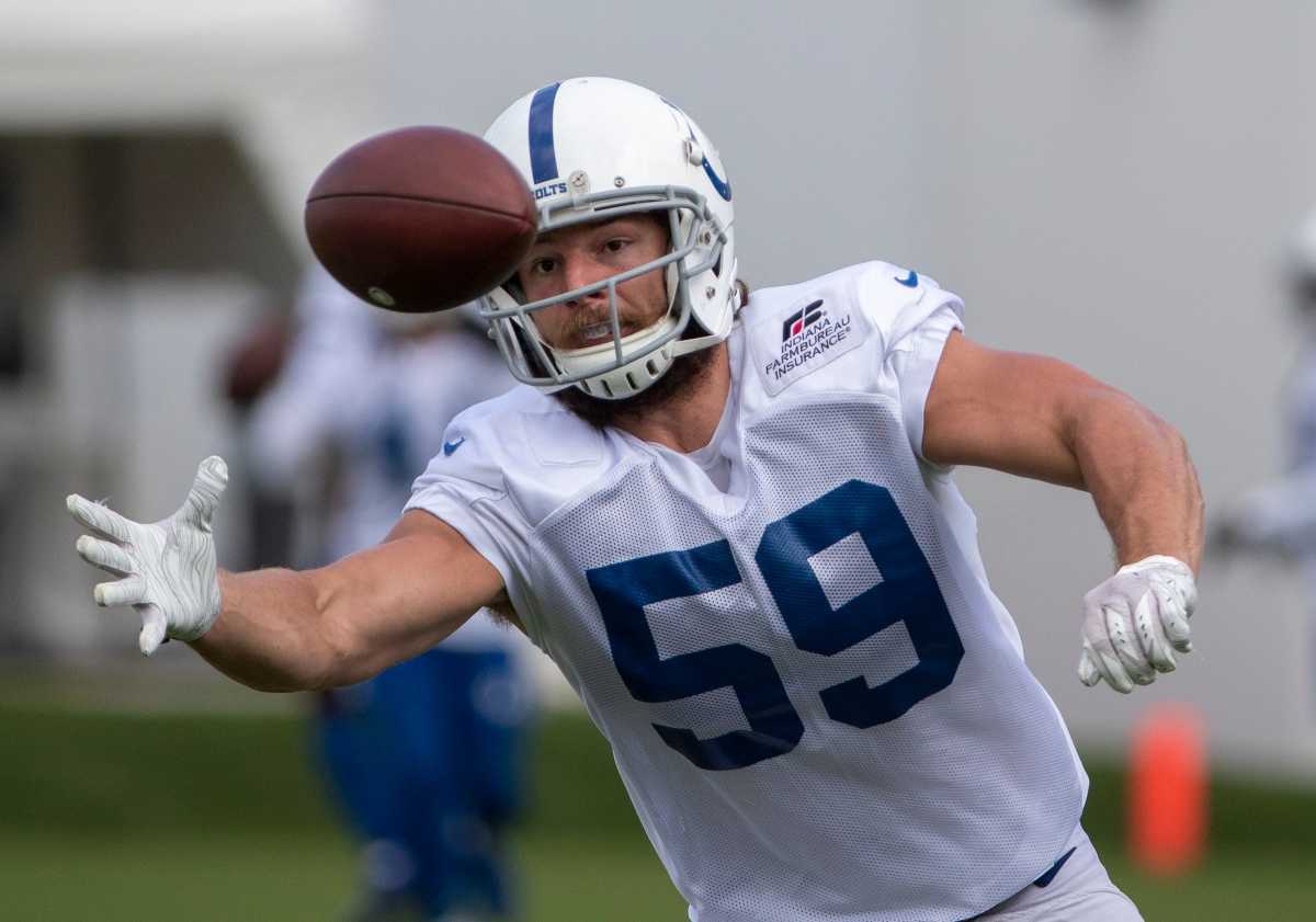Jordan Glasgow, linebacker, during Indianapolis Colts practice on Thursday, Sept. 3, 2020. The team is preparing for the first game of the season and will cut their player roster down to a final 53 man roster in two days. Colts practice as final roster cuts loom