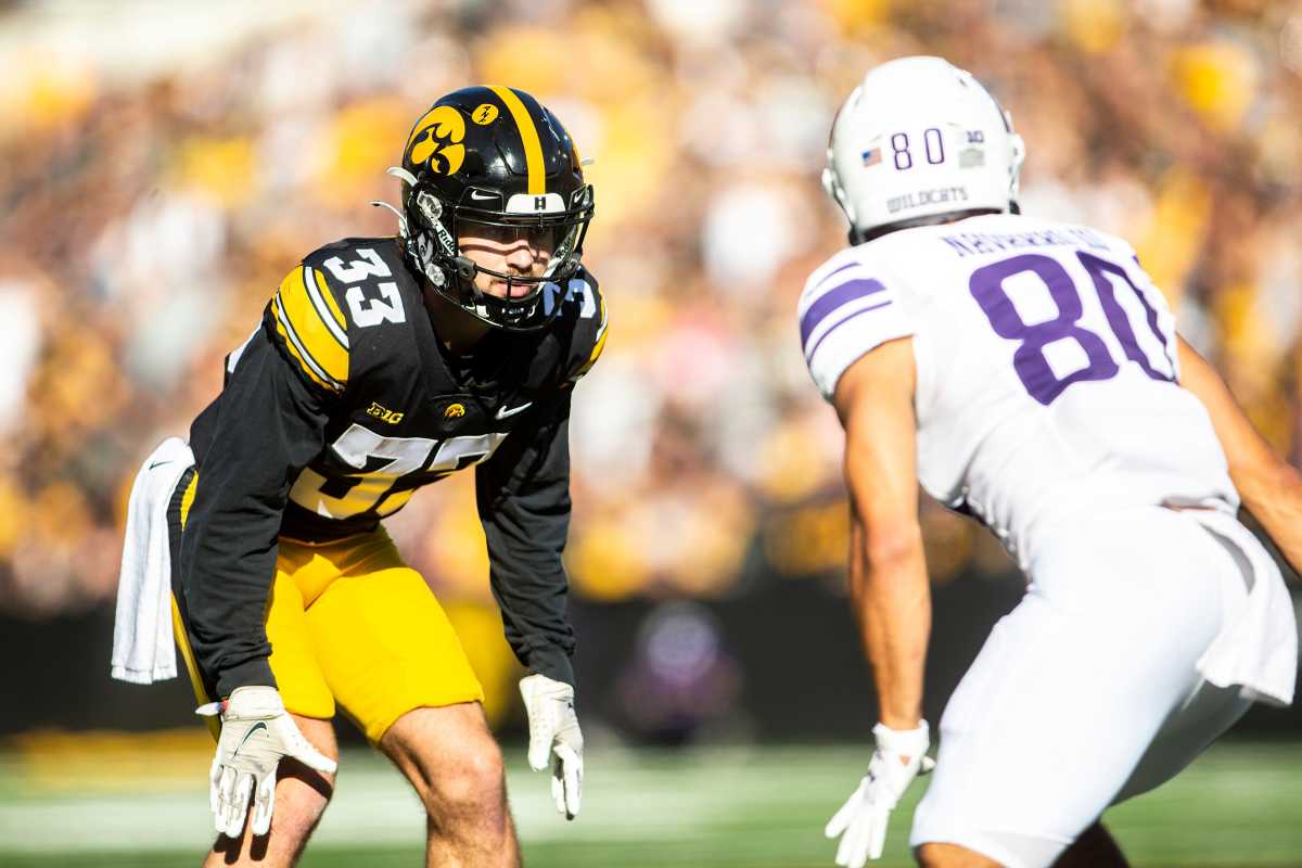Iowa defensive back Riley Moss (33) lines up against Northwestern wide receiver Donny Navarro III (80) during a NCAA Big Ten Conference football game, Saturday, Oct. 29, 2022, at Kinnick Stadium in Iowa City, Iowa.