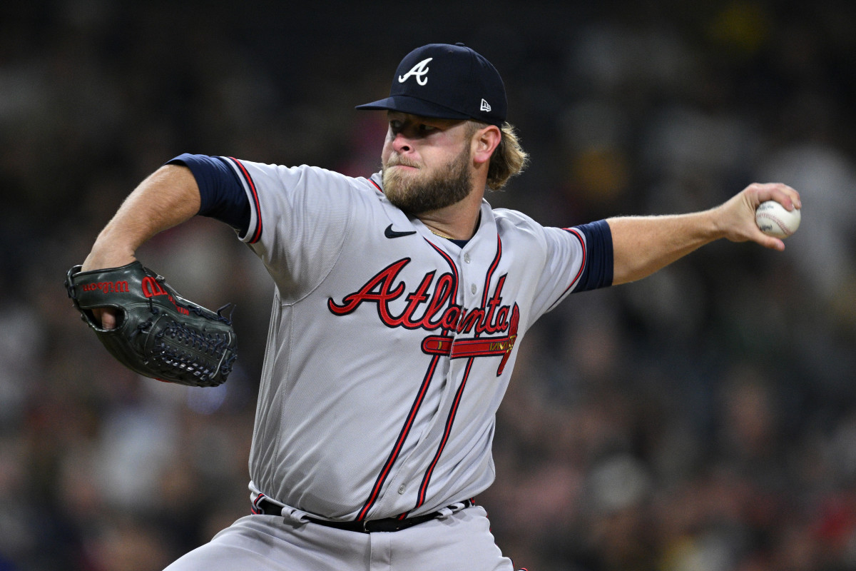 Apr 17, 2023; San Diego, California, USA; Atlanta Braves relief pitcher A.J. Minter (33) throws a pitch against the San Diego Padres during the ninth inning at Petco Park. Mandatory Credit: Orlando Ramirez-USA TODAY Sports