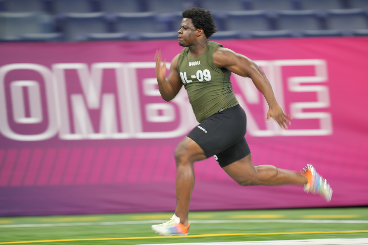 Mar 2, 2023; Indianapolis, IN, USA; Pittsburgh defensive lineman Calijah Kancey (DL09) participates in the NFL Combine at Lucas Oil Stadium.