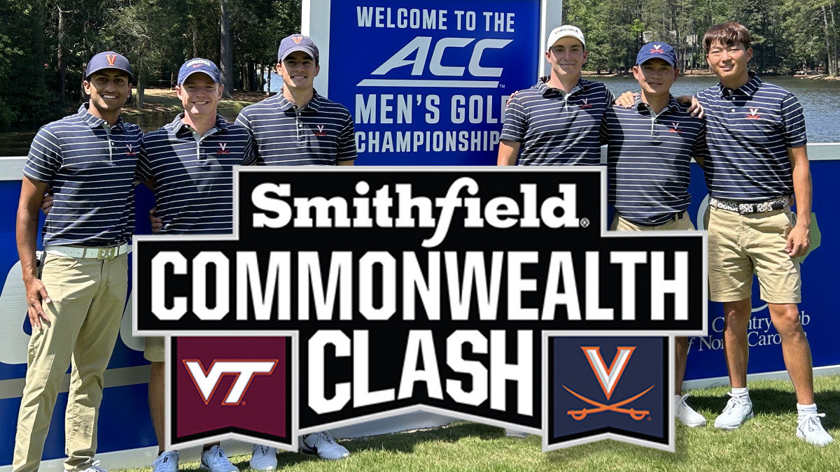 The Virginia men's golf team celebrates earning a point in the Commonwealth Clash.
