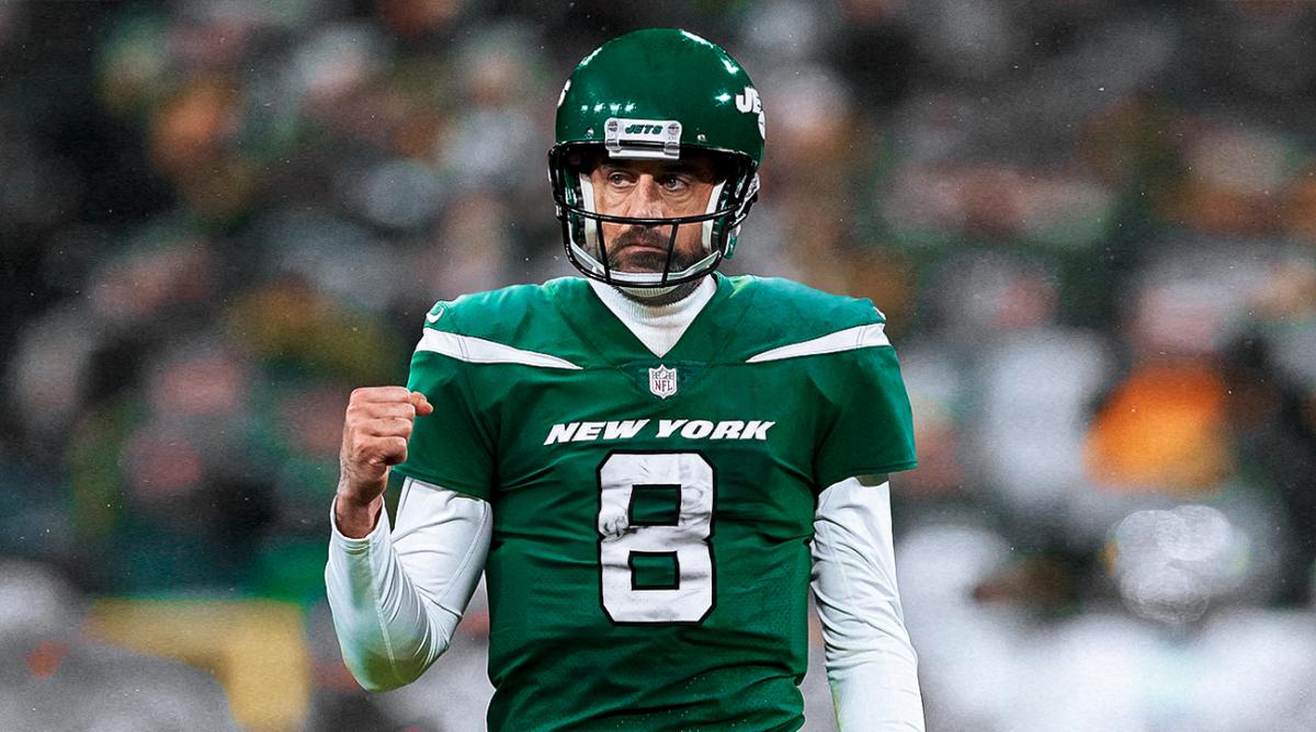 Aaron Rodgers edited into a Jets No. 8 jersey