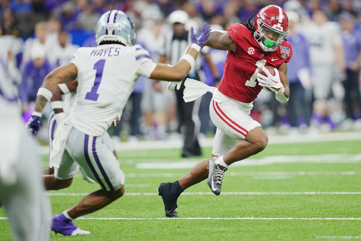 Dec 31, 2022; New Orleans, LA, USA; Alabama Crimson Tide running back Jahmyr Gibbs (1) runs the ball against Kansas State Wildcats safety Josh Hayes (1) during the second half in the 2022 Sugar Bowl at Caesars Superdome. Mandatory Credit: Andrew Wevers-USA TODAY Sports