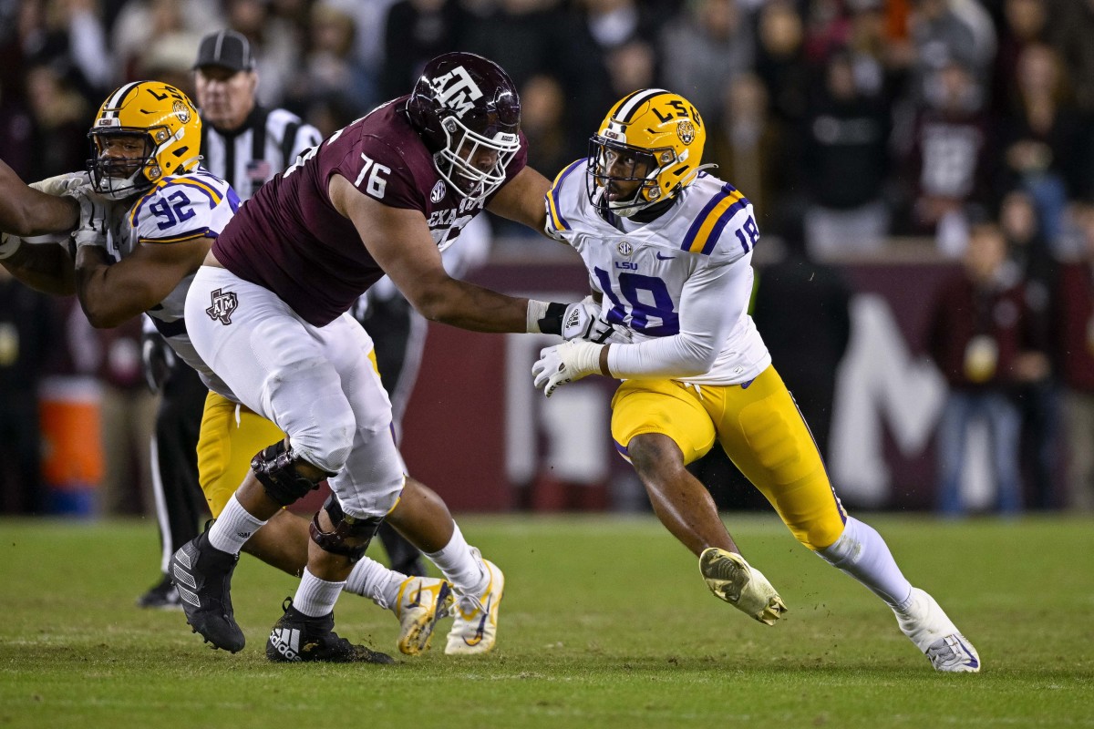 Nov 26, 2022; College Station, Texas, USA; Texas A&M Aggies offensive lineman Reuben Fatheree II (76) and LSU Tigers defensive end BJ Ojulari (18) in action during the game between the Texas A&M Aggies and the LSU Tigers at Kyle Field. Mandatory Credit: Jerome Miron-USA TODAY Sports