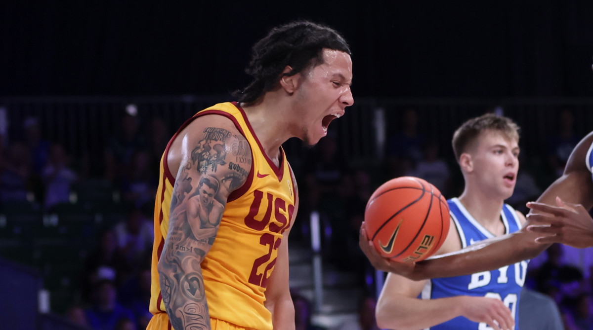 USC Trojans guard Tre White reacts after scoring during the first half against BYU.