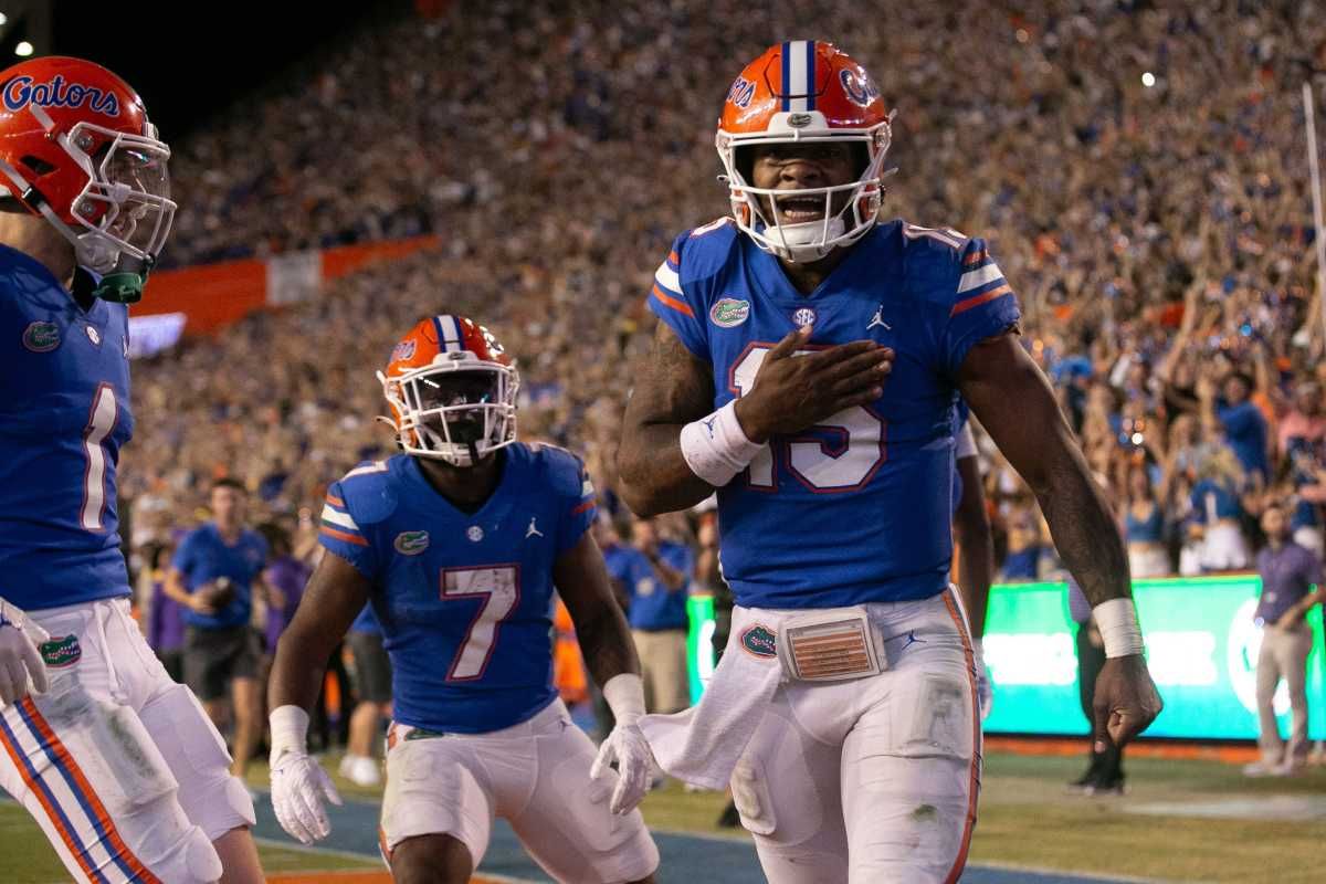 Florida Gators quarterback Anthony Richardson (15) celebrates after diving into the end zone for a touchdown in the second half against LSU at Steve Spurrier Field at Ben Hill Griffin Stadium in Gainesville, FL on Saturday, October 15, 2022. Syndication Usa Today