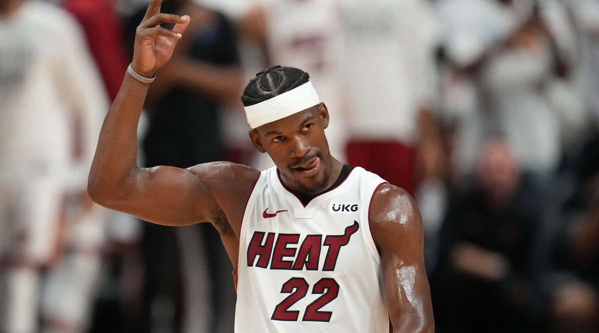 Heat wing Jimmy Butler waves to the crowd after making a shot during Game 4 win against the Bucks