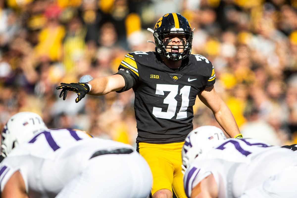 Iowa linebacker Jack Campbell (31) gestures during a NCAA Big Ten Conference football game against Northwestern, Saturday, Oct. 29, 2022, at Kinnick Stadium in Iowa City, Iowa.
